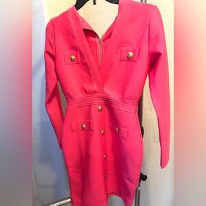 Bright pink dress with gold buttons! Form fitting and great for work/night out.
